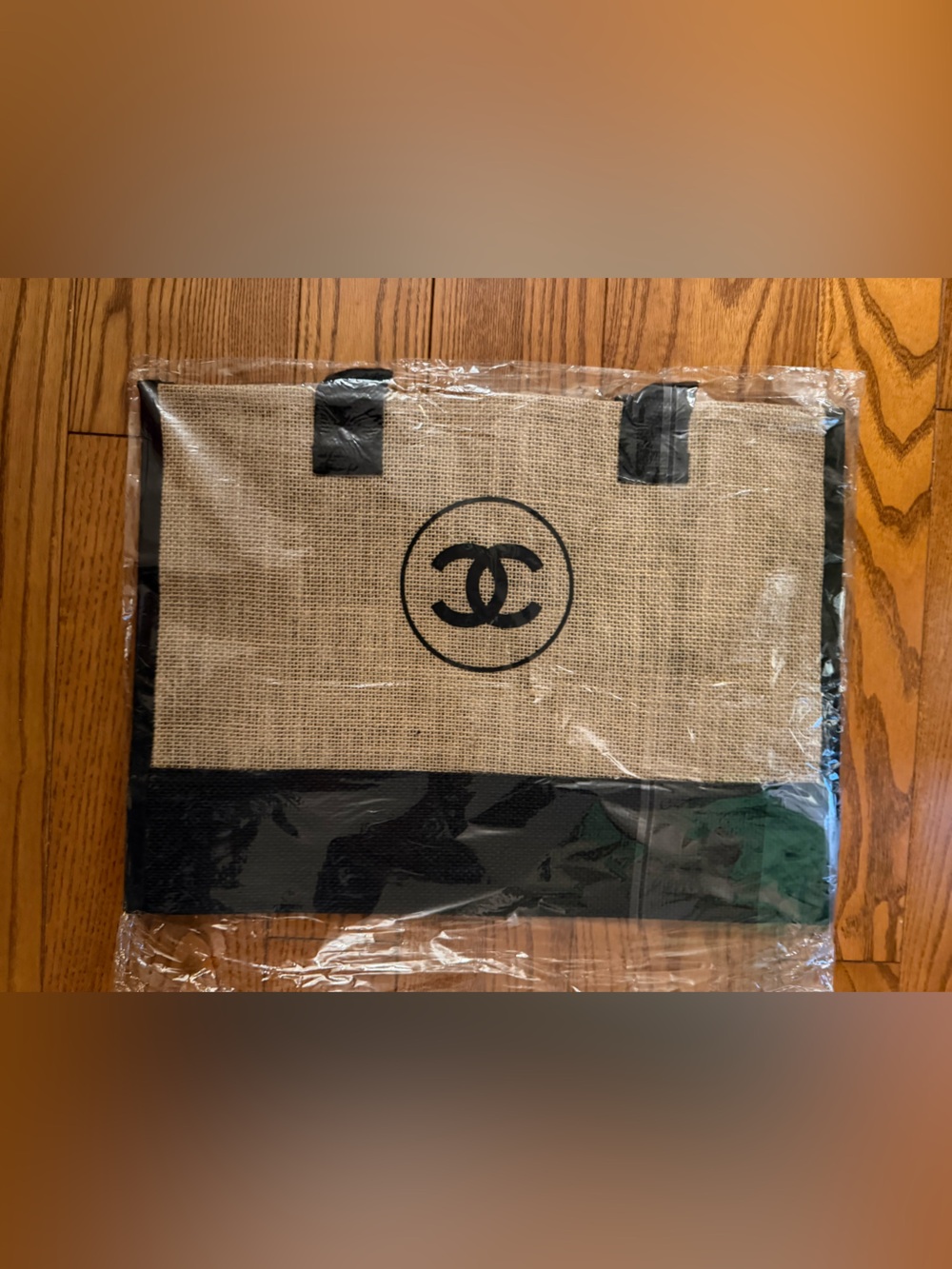 Natural Burlap Tote with Black Trim and Handles - Picture 7 of 9